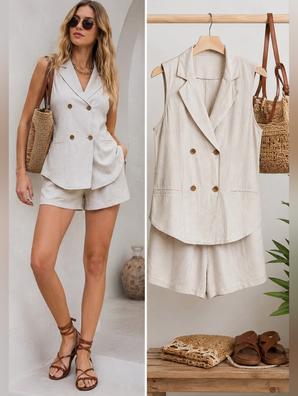 ReVamped Linen Blend Vest Shorts Set M Cream